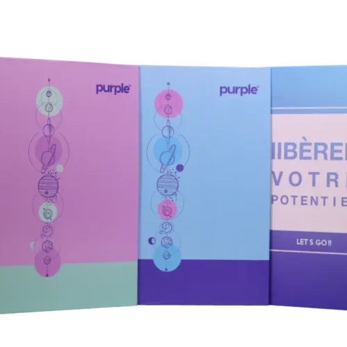 Classeur A4 Purple rigide 4 anneaux motif astronomie système solaire mauve et turquoise