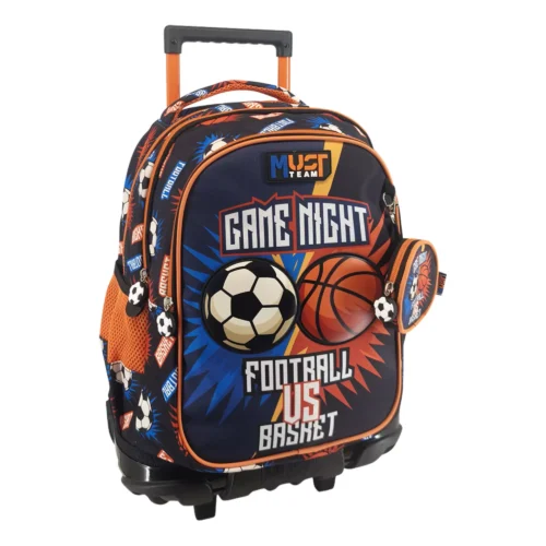 Cartable à roulettes enfant MUST Team - Game Night Football vs Basket - Bleu et orange