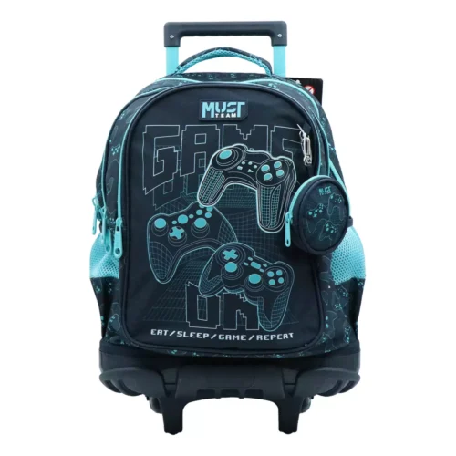 Cartable à roulettes enfant MUST Team - Game On Gaming - Noir et turquoise