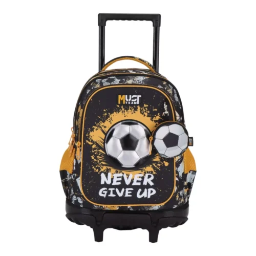 Cartable à roulettes enfant MUST Team - Never Give Up Football - Noir