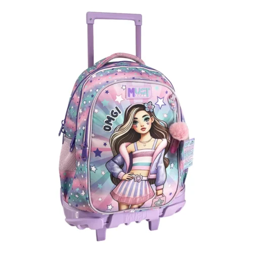 Cartable à roulettes enfant MUST Team - OMG Fashion Girl - Rose et menthe