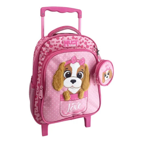 Cartable à roulettes enfant MUST Team - Puppy Love - Rose