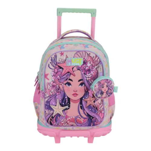 Cartable à roulettes enfant MUST Team - Sirène Corail - Rose et menthe