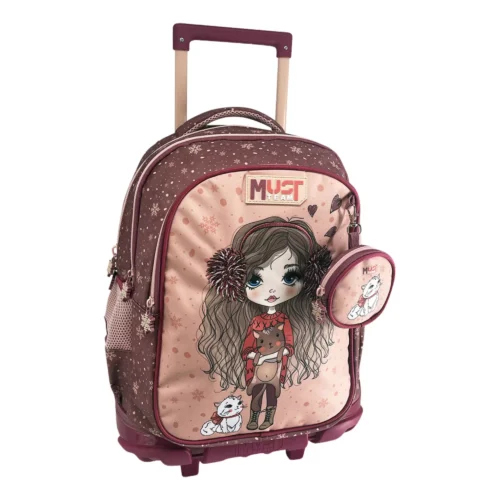 Cartable à roulettes enfant MUST Team - Winter Girl - Bordeaux et rose poudré